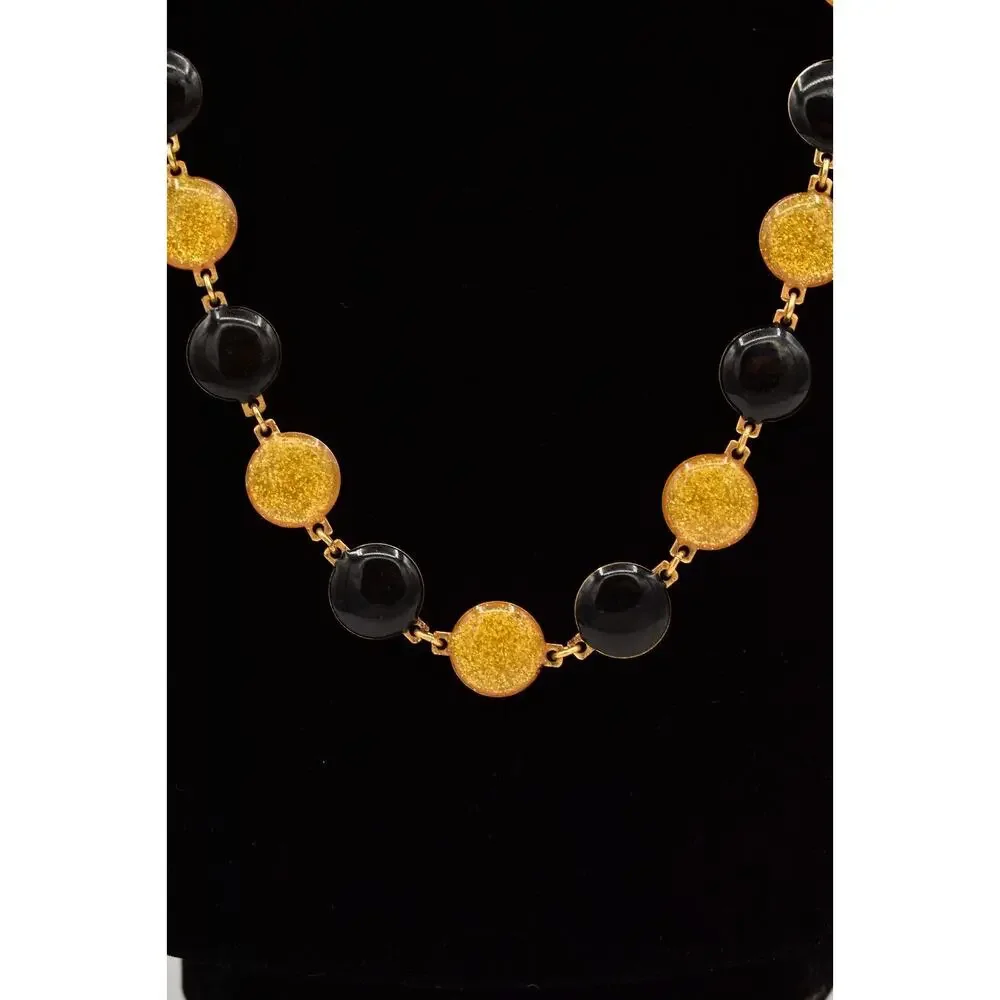 Vintage Black Gold Necklace Enamel Chain Gold Round Dot Circle Linked BinBD